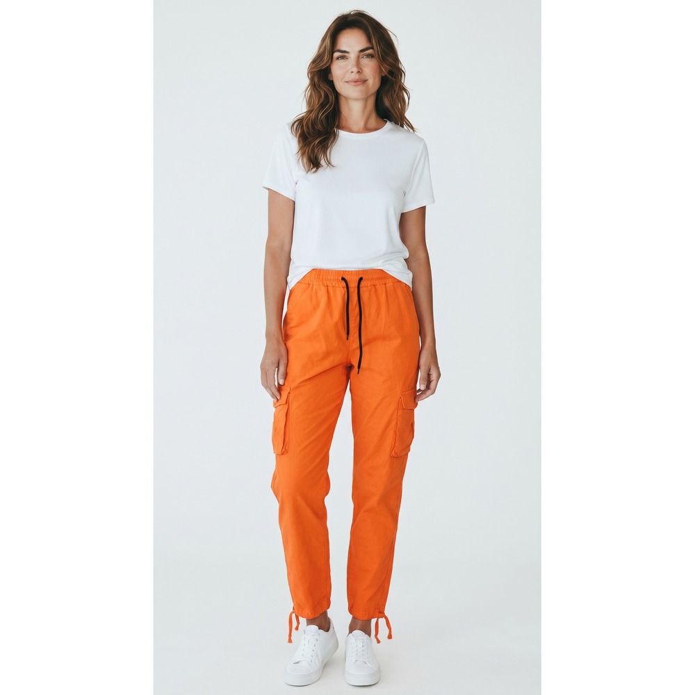 Unbranded Womens Orange Cotton Cargo Pants Elastic Waist Utility Joggers Large